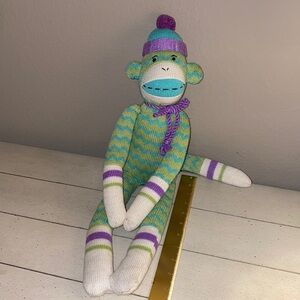 Sock monkey stuffed animal green blue & purple 12”​
